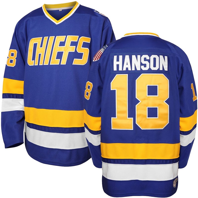 Phoneutrix Hanson Brothers Charlestown Chiefs 16 Jack 17 Steve 18 Jeff Slap Shot Movie Hockey Jersey Blue (18 Blue, XX-Large) - Image 1